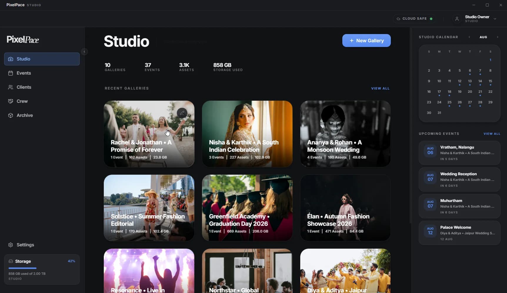 The PixelPace Studio desktop app, showing recent wedding and event galleries with asset counts and storage used