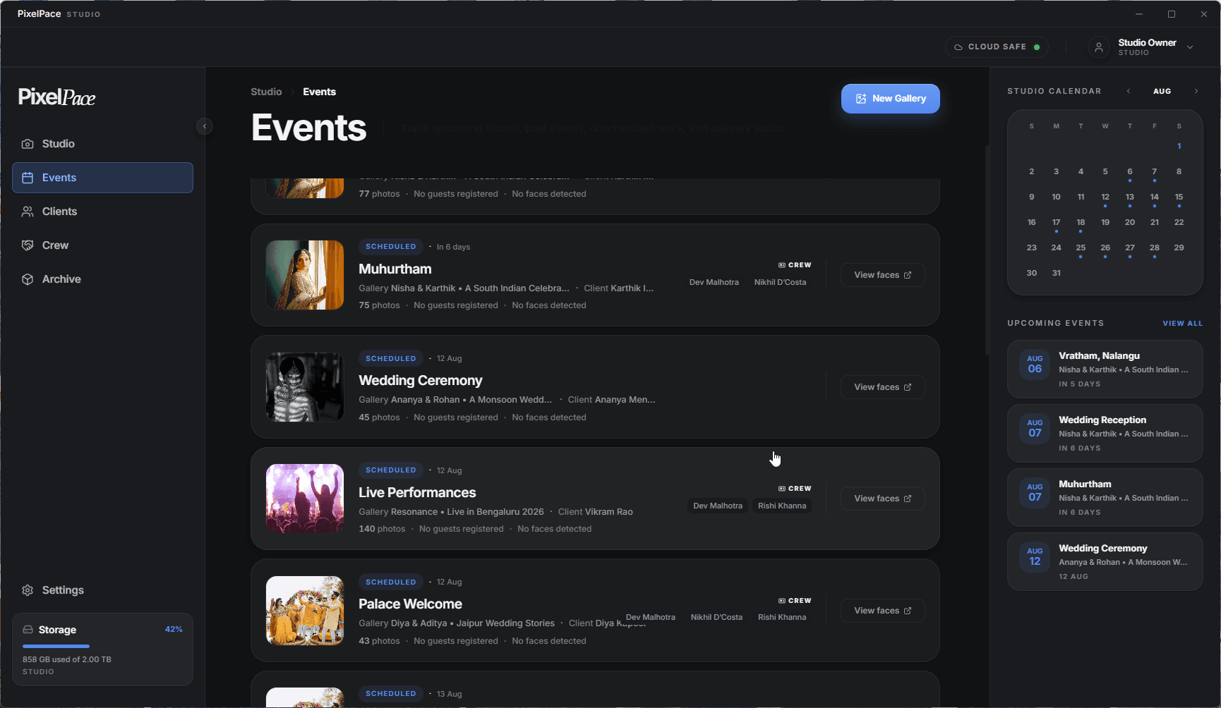 PixelPace Events list showing multiple scheduled shoots with assigned crew members and client names for each event