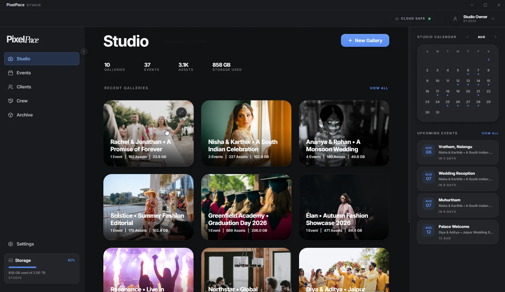 The PixelPace Studio desktop app, showing recent wedding and event galleries with asset counts and storage used